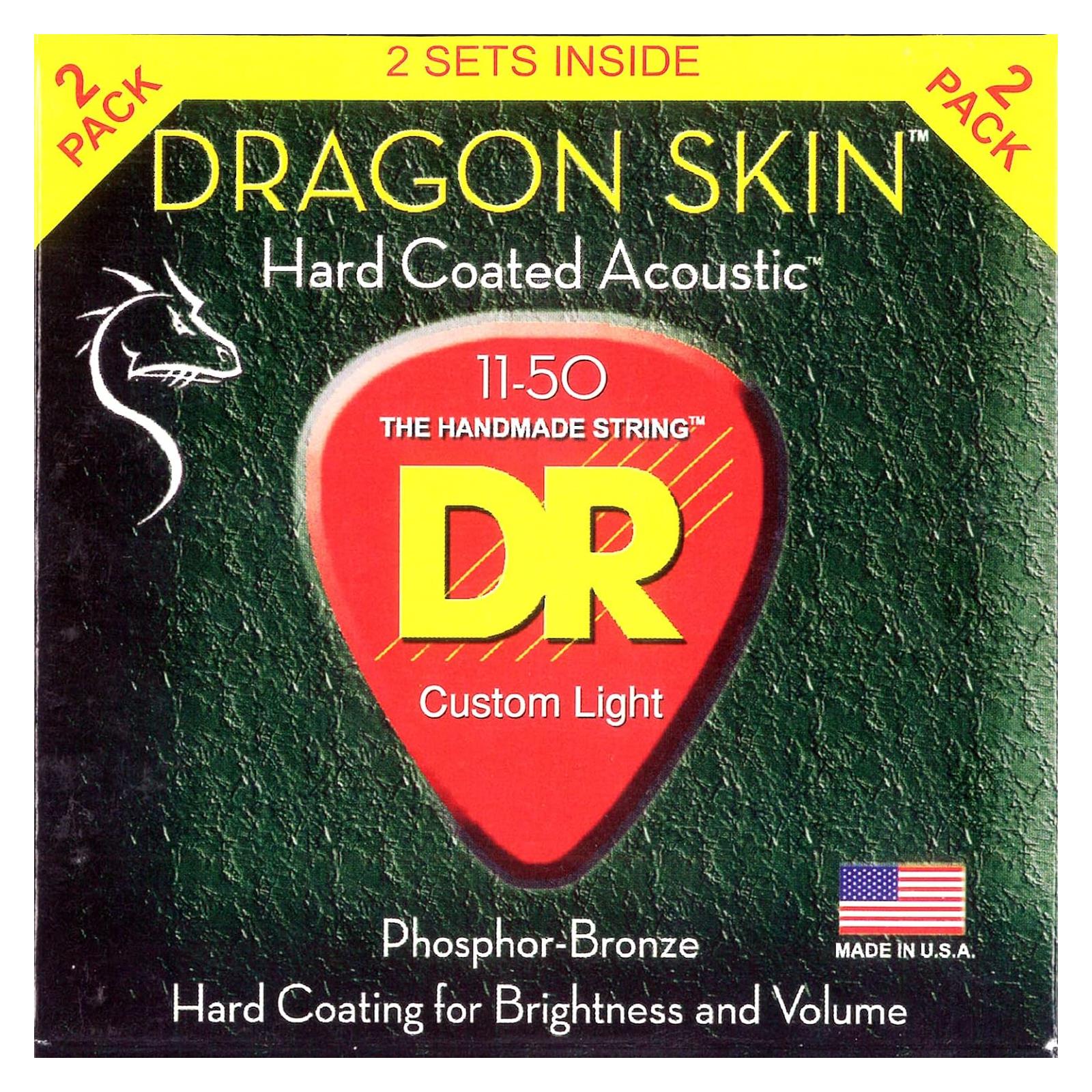 DRAGON SKIN - CLEAR Coated Acoustic Guitar Strings Custom Light 11-50 (2-Pack)