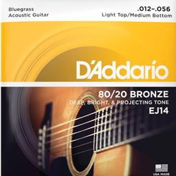 D'Addario 12-56 Light Top/Medium Bottom Bluegrass, 80/20 Bronze Acoustic Guitar Strings