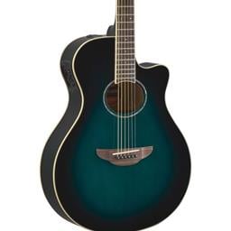 Yamaha Thinline body, spruce top, nato back and sides, die-cast chrome tuners, System66 piezo and preamp; Oriental Blue Burst