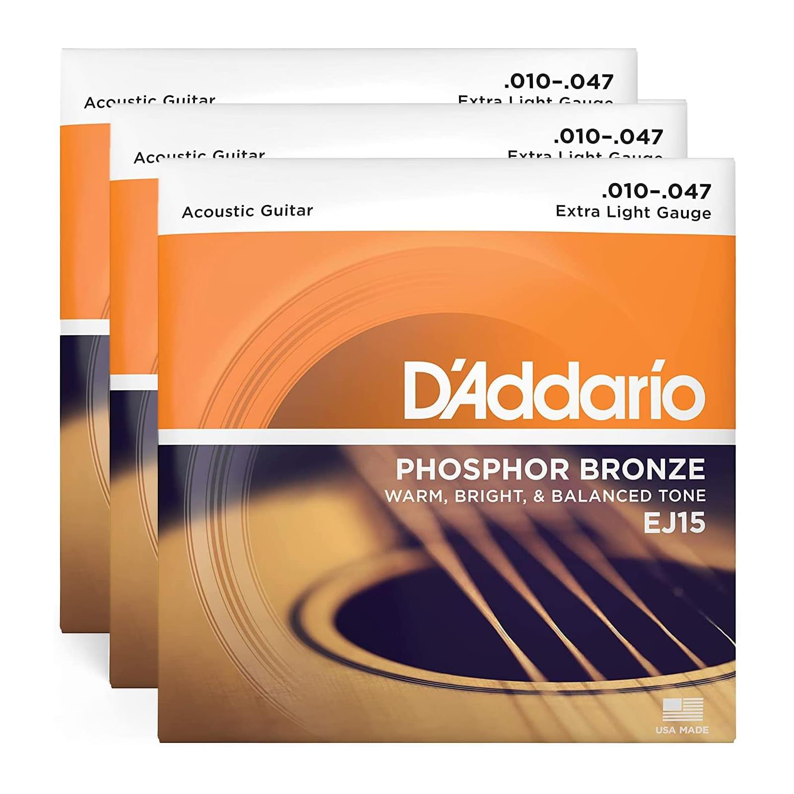 D'Addario 10-47 Extra Light, Phosphor Bronze Acoustic Guitar Strings 3-Pack