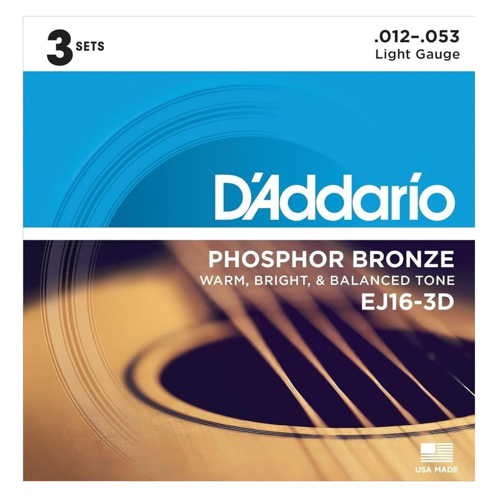 D'Addario 12-53 Light, Phosphor Bronze Acoustic Guitar Strings 3-Pack