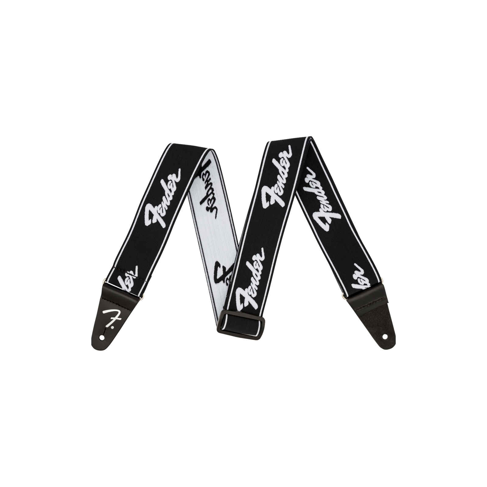 Fender WeighLess™ Running Logo Strap, Black/White, 2"